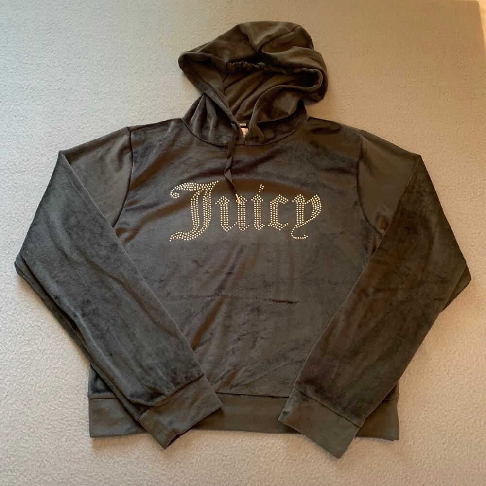 Y2K Juicy Couture Sleepwear Black Velour Hooded PJ Top Rhinestones Bling Lg